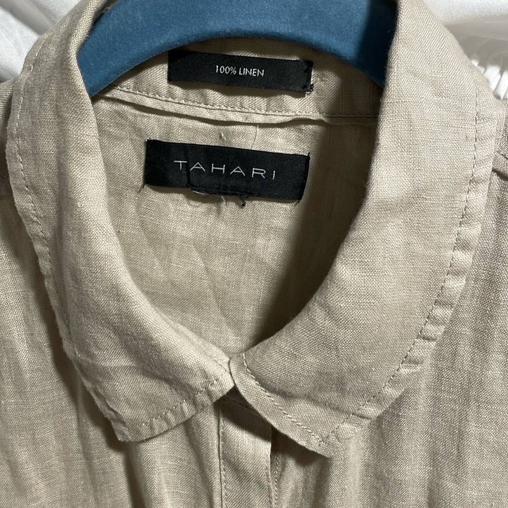 Tahari 100% Linen Roll Tab Sleeve Button Tunic Minimalist Shirt Women Large